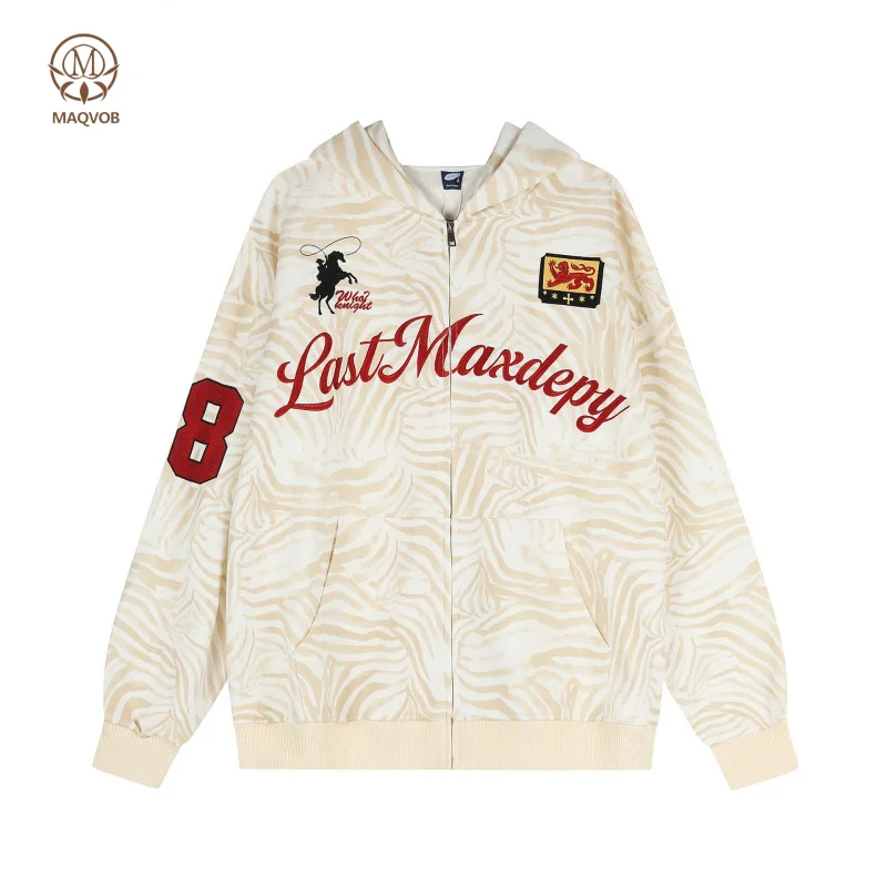 MAQVOB EU US Size Luxury Quality Casual Hoodie Street Wear Autumn Oversize Zebra Pattern Embroidered Letter Hoodie
