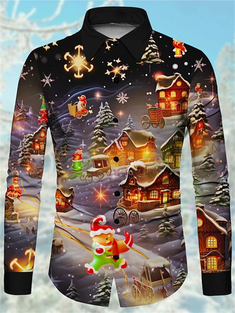 Colorful Gingerbread Man 3D Printing Men's Long-sleeved Shirt New Year's Carnival Men's Fashion Christmas Shirt Casual Men Shirt