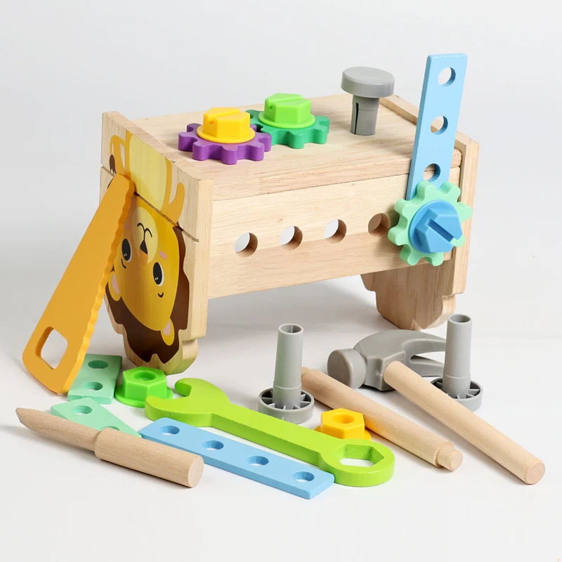 어린이 공구 벤치 나무 세트 장난감 몬테소리 장난감 사자 작업대 건설 장난감 교육용 장난감 크리스마스 생일 선물 남자아이용