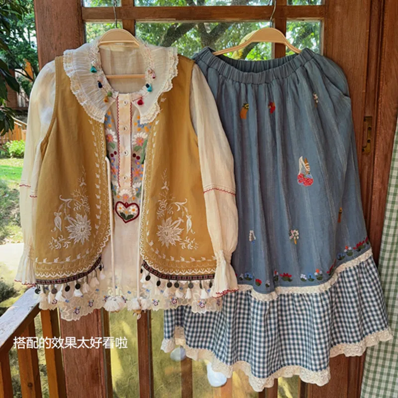 TIYIHAILEY Long Mid-calf Skirts For Women Summer Linen Patchwork Spring Elastic Waist A-line Embroidery 2025 New Blue Skirts