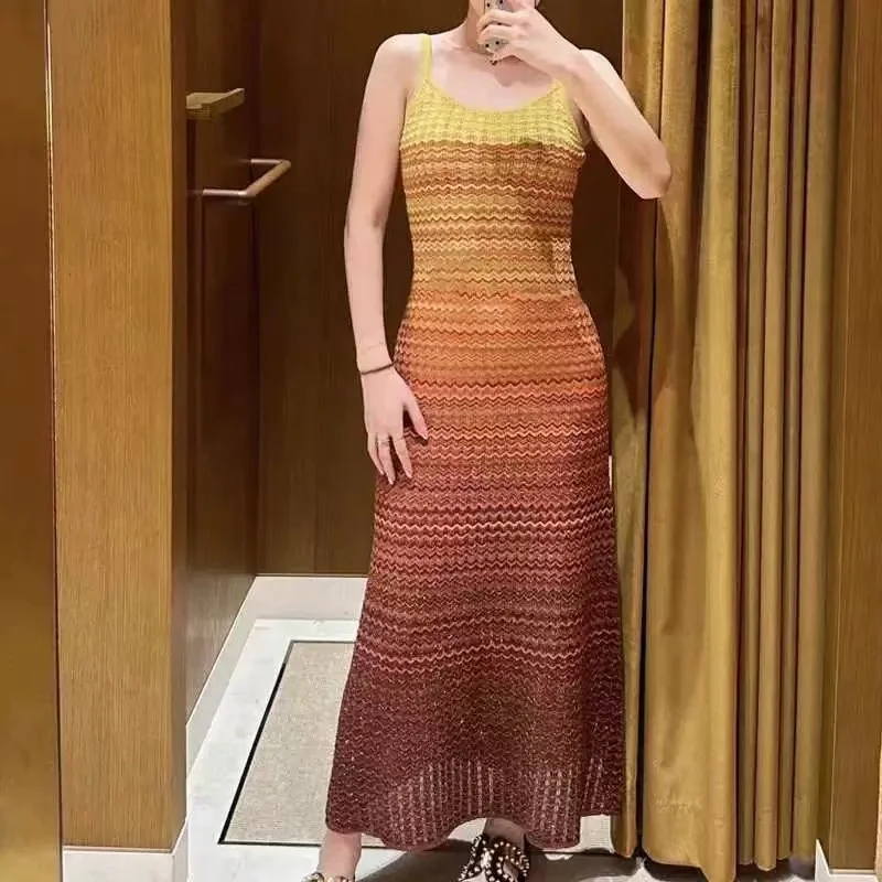 2024 Fashion Summer Hollow Out Knitted Striped Holiday Robe Women Spaghetti Strap Wavy Rainbow Gradient Color Stretch Long Dress