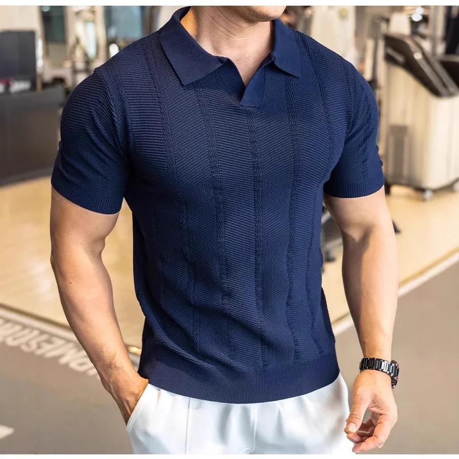 

British Short-sleeved Pullover Lapel Men's Sweater, Retro Casual Solid Color Jacquard Textured Off-shoulder Sweater