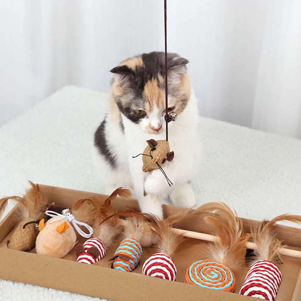 

7pcs Cat Toys Funny Cat Teaser Interactive Cats Stick With Cute Sisal Mouse Bell Feather Lollipop Accessories Charmer Wand Toys
