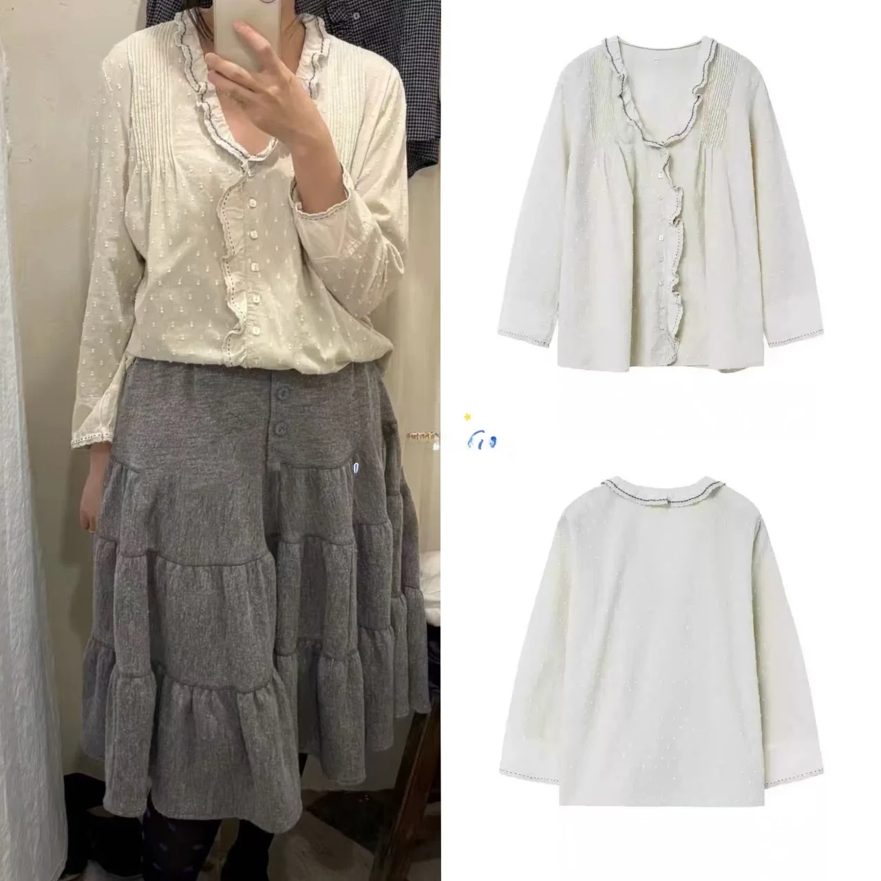 

Sweet Sle Casual V-Ne Polka Dot Long Sve irt Women's Loose Fit Cotton Breathable Comfortable Youth Spring Faion