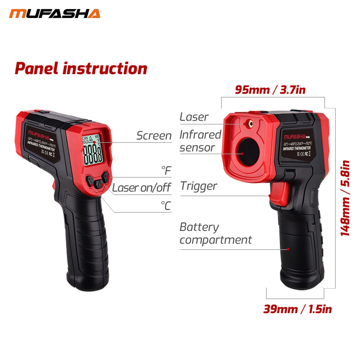 MUFASHA Temperature Infrared Laser Thermometer 400 Kitchen Application Degrees Large Area Measurement