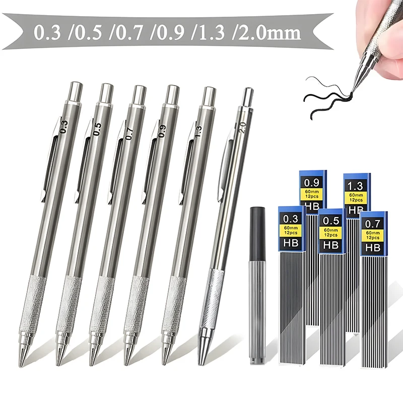 Metal Mechanical Pencil Set 0.3 0.5 0.7 0.9 1.3 2.0mm HB Art Drawing Painting Writing Lead Refills Office School Supplies WC006