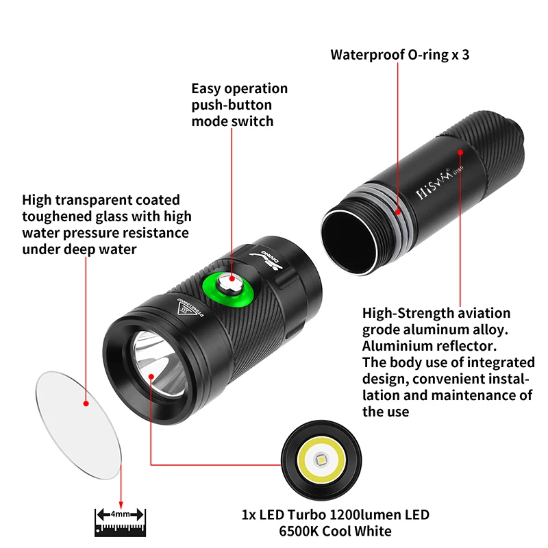 HISWN D180 XPL HI LED flashlight, diving torch 1200 lumen ultra bright IPX8 waterproof rechargeable tactical flashlight