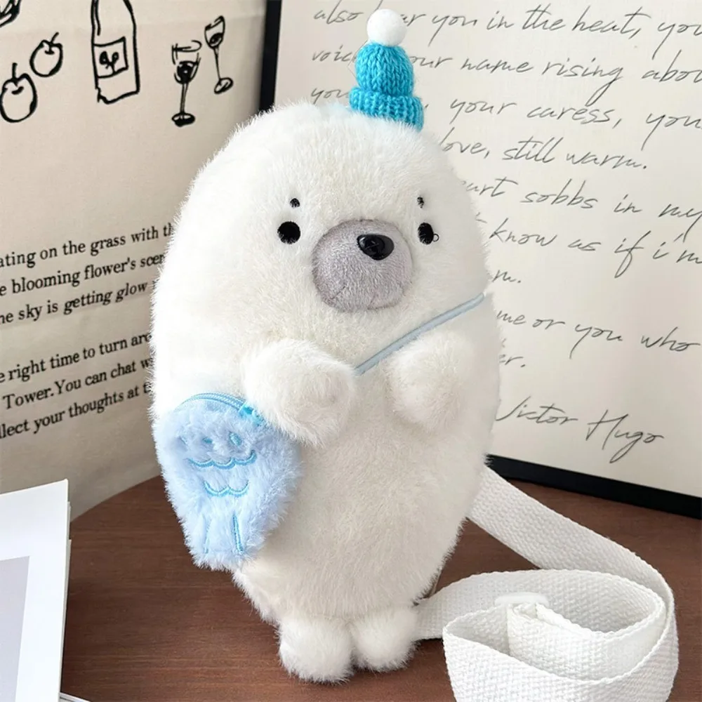 Soft Fluffy Cute Seal Shoulder Bag Cartoon Adjustable Straps Crossbody Bag Lightweight Fabric Phone Bag Women's Accessories