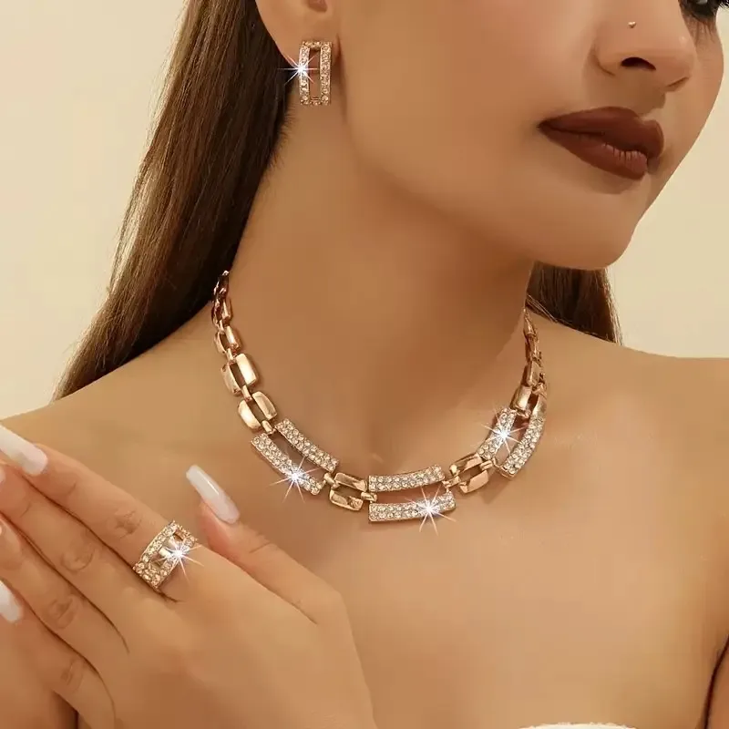 5 pcs/set gorgeous rectangular necklace, earring, bracelet and ring set, easy to show personal charm