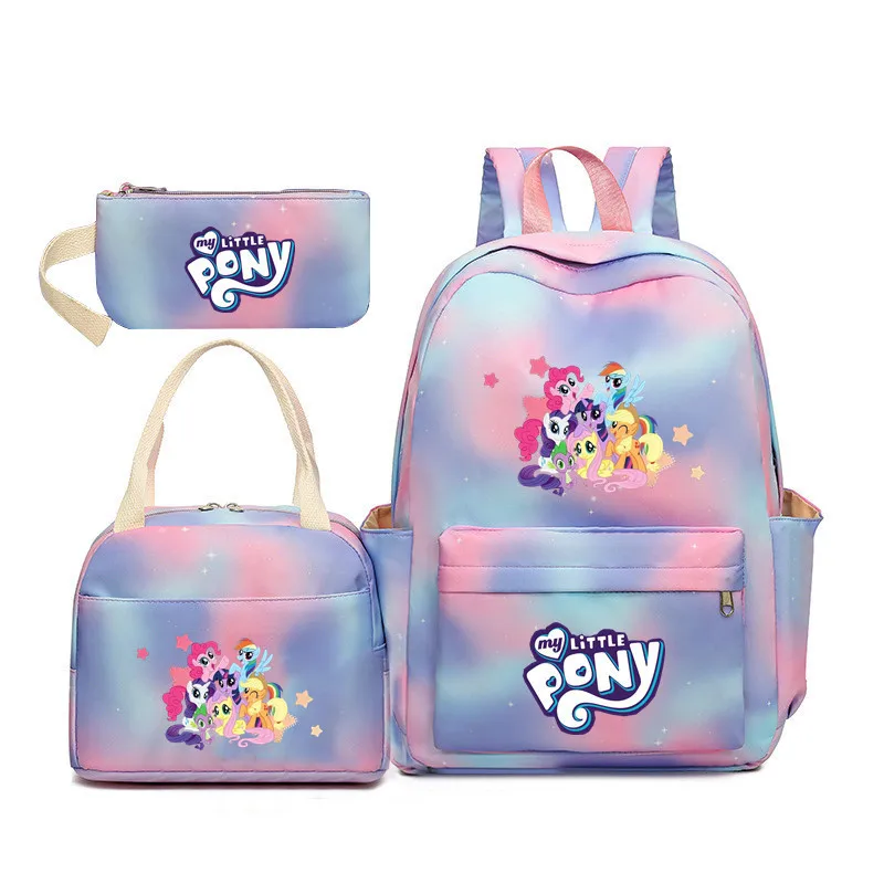 Kawaii Miniso My Little Pony Plecak Gradientowy Kolor Dzieci Trzyczęściowy Zestaw Piękna Moda Anime Figurka Prezent Festiwalowy