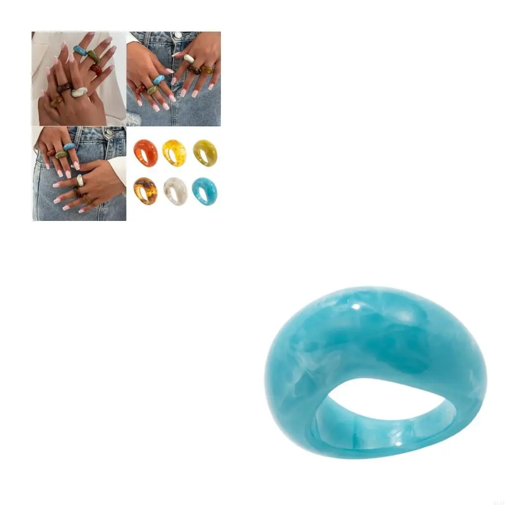 91AF Trendy Geometric Resin Ring Marbled Color Stackable Joint Ring Unisex Accessory