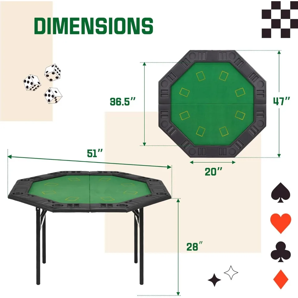 Foldable Poker Table, 8 Players Octagon Texas Holdem Poker Table with Chip Trays & Collapsible Legs, Folding Game Table