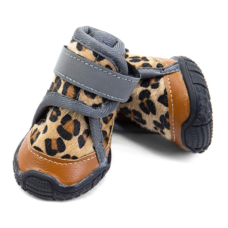 

Fleece Lined Pet Shoes Autumn Winter Leopard Print Breathable Antiskid Dog Shoes Diving Fabric Reflection Dogs Boots 4PCS Suit