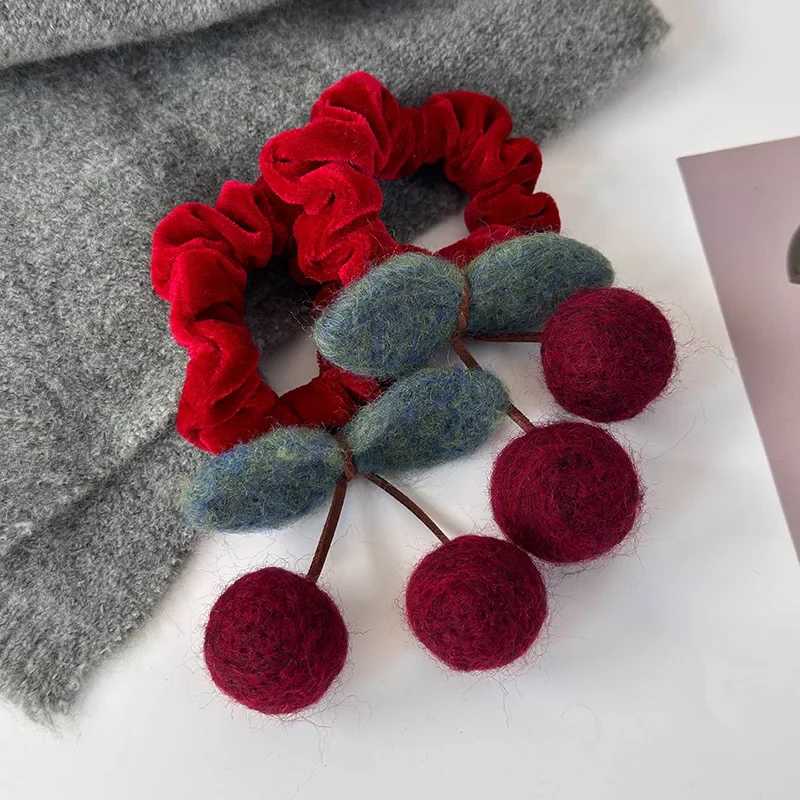 Cute Wool Felt Cherry Hair Scrunchies Red Velvet Headbands Girls Sweet Head Rope Women Ties Ponytail Rubber Band New Year\'s Gift