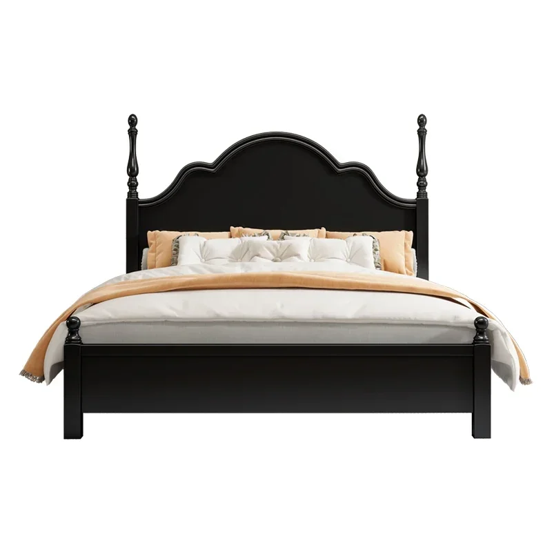 

Medieval solid wood bed, black double bed, modern master bedroom, simple storage