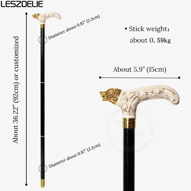 Bengala de madeira com cabeça de lobo dourada de metal, 92cm, para homem e mulher, cabo de resina com bastões de caminhada de madeira de faia alemã preta