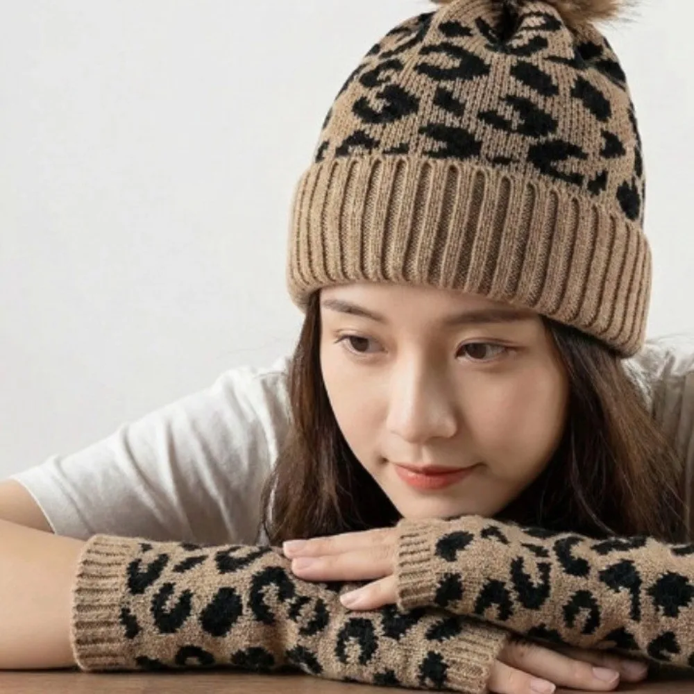 2Pcs/Set Fashion Leopard Print Hat Gloves Set Soft Thickened Knitted Beanie Warm Mittens Pullover Hat Outdoor