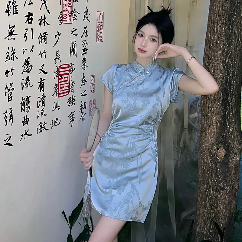

Blue Improved Qipao New Chinese Style Dress Women Satin Chesongam Sexy Jacquard Vestidos Robe Costume Vintage Qipao Dress