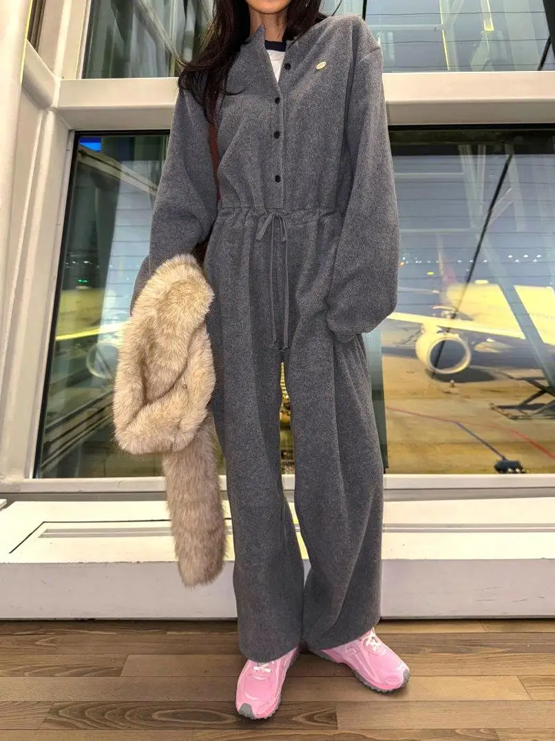 

Шикарный персонализированный комбинезон-футер для женщин: длинные рукава, на одной пуговице, с завышенной талией, повседневные широкие брюки, стройнящие фигуру