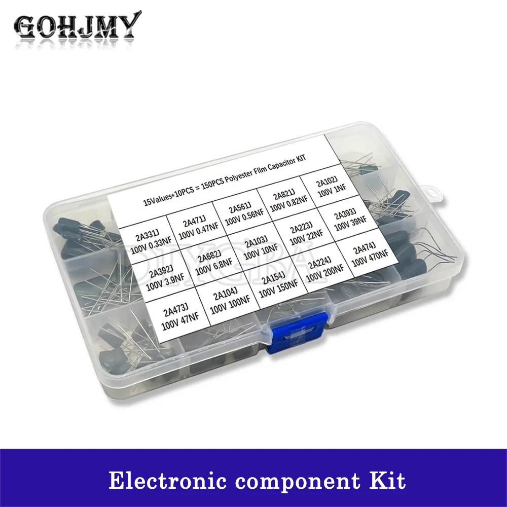 150PCS/Set Polyester Film Capacitor Assortment Box Kit 15Values 0.33NF 2A331J 470NF 2A474J 2A821J 2A102J 2A393J 2A474J