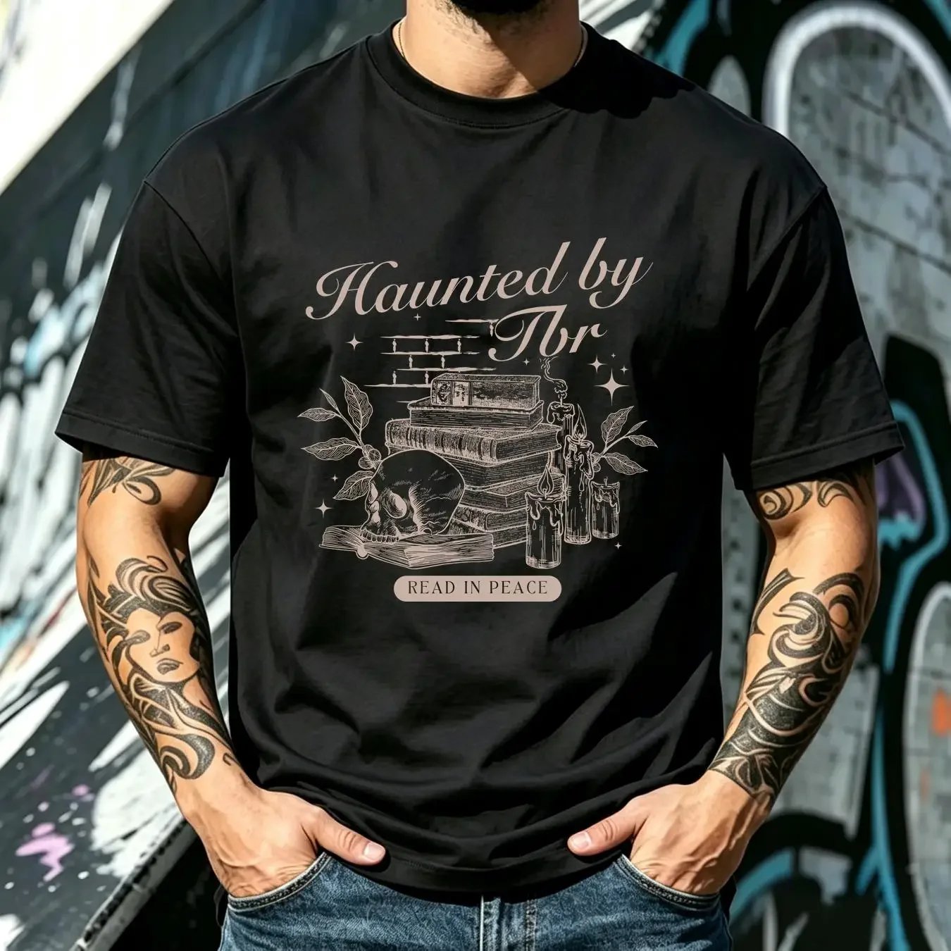 washed T Shirt Haunted by TBR Bookish Booktok Death Witchy Dark Academia Reading Pile for Reader vintage Washed Stretched