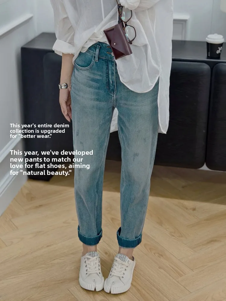 

Джинсы Meiyang с двойной талией, прямые эластичные синие джинсовые джинсы с высокой талией и застежкой-молнией, женские джинсы Four Seasons синего цвета