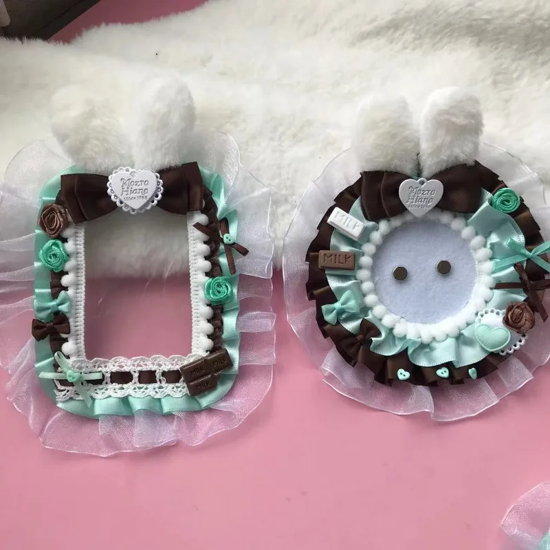 Cute Bunny Ear Photo Card Holder DIY Mint Candy Lace Bow Badge Base Kawaii Lolita Portable Itabag Inner Decor Photocard Case view 3