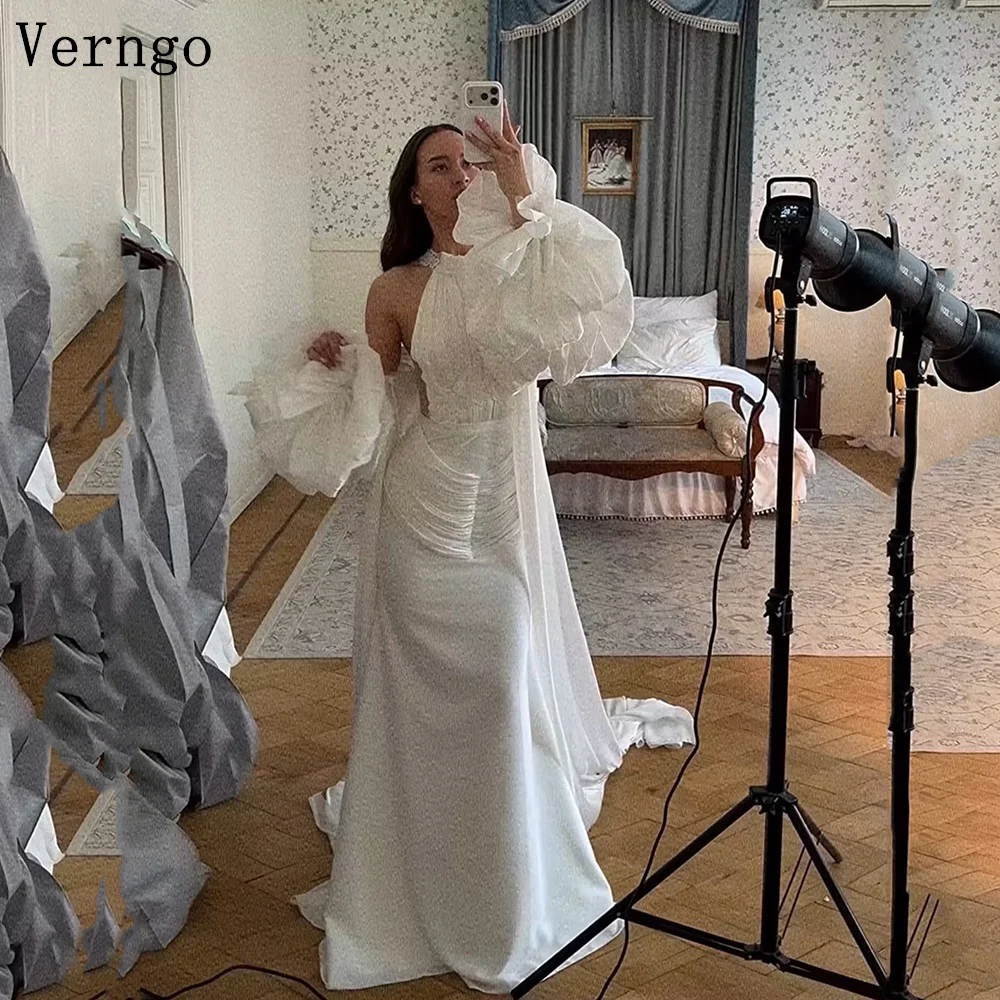 

Verngo Simple Crepe Wedding Dress Mermaid Pleated Sweep Train Bridal Gowns Women 2 Pics Bride Dresses Customized