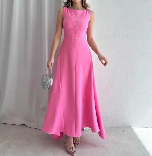 

Autumn Solid Color round Neck Sleeveless Button Casual Jumpsuit Umbrella Skirt 2025 New Fashion Women's Comfortable Skirt Suit