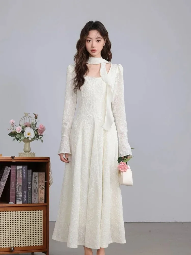 フレアスリーブ女性ドレス固体韓国ファッション春秋レトロ Vestidos Mujer 甘いシンプルシックなロングドレス