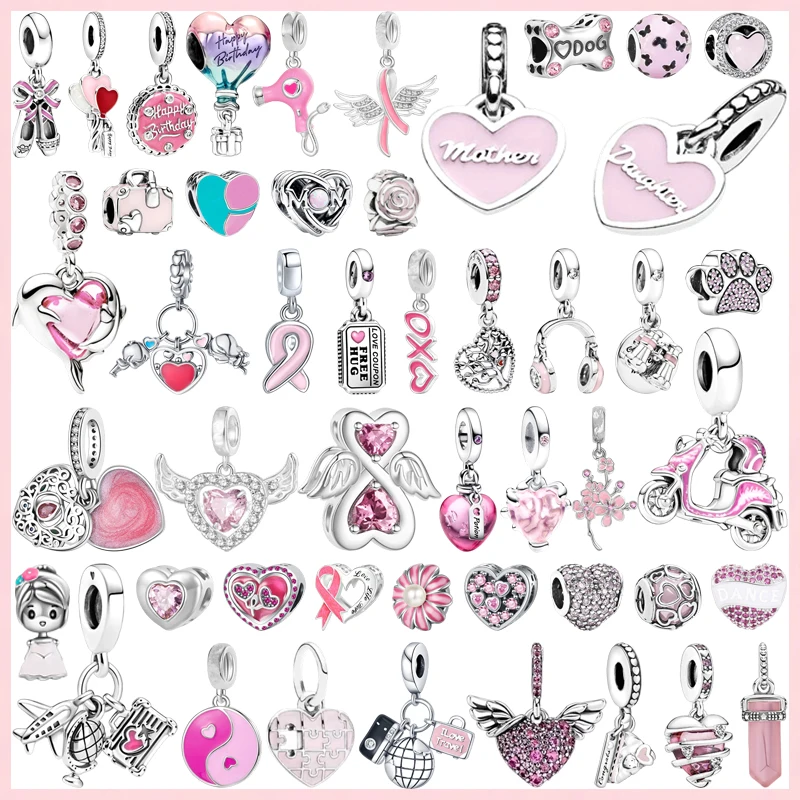 

Hot Sale Pink Series Charms Airplane, Globe & Suitcase Beating Heart Family Tree & Heart Beads Fit Original Bracelet DIY Jewelry