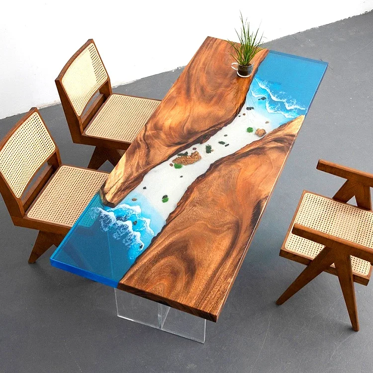 Epoxy resin river table walnut log solid wood large board  poplar tea table simple