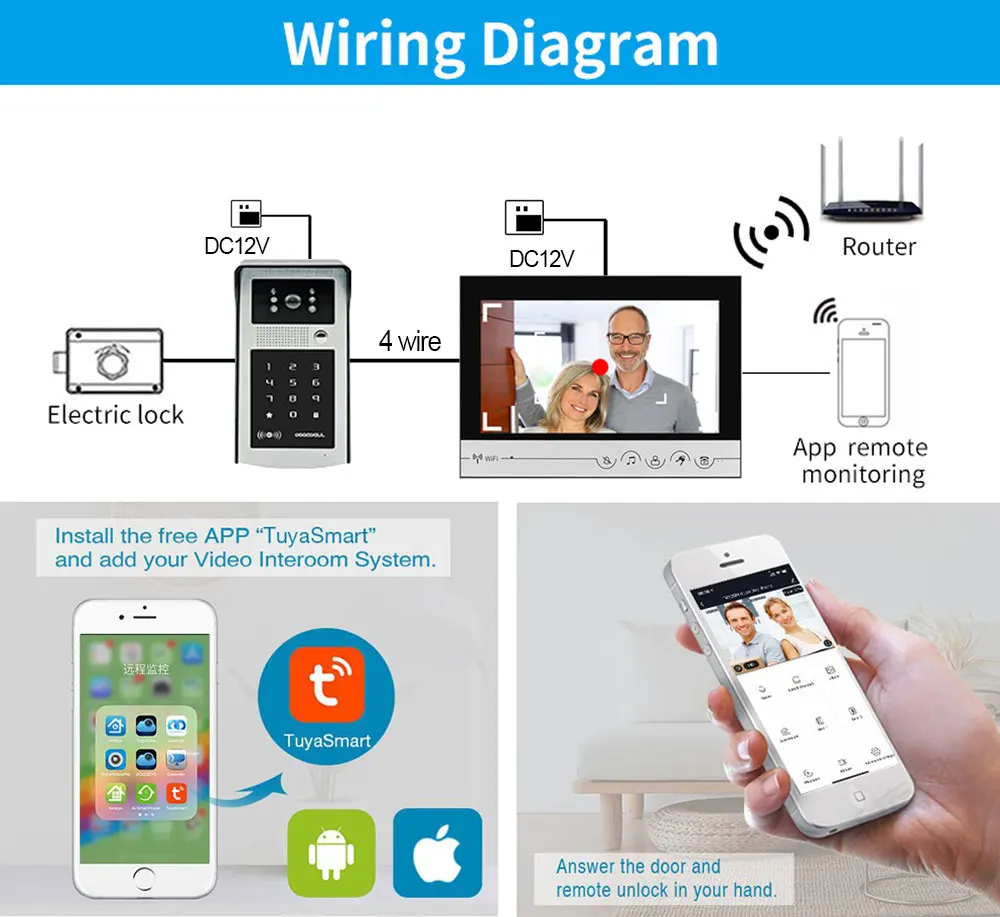 Pantalla de 9 pulgadas, intercomunicador con Wifi, sistema de grabación de teléfono y puerta, visión nocturna, timbre RFID, cámara de teléfono,