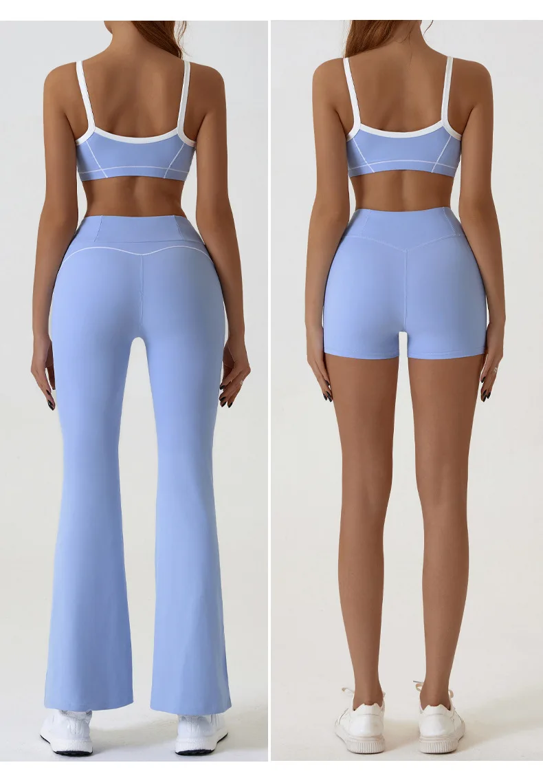 Seamless Yoga Suits Thin Shoulder Contrast Color Bra Suspender Top Naked Fabric Outdoor Sports Sets Micro-flared Pants Yoga Suit image 2