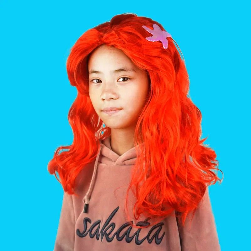 Girls Ariel Cosplay Wig Baby Girls Red Long Curly Hair Show Dress Up Hair Accessories Princess Style Braid Hair Makeup Hair