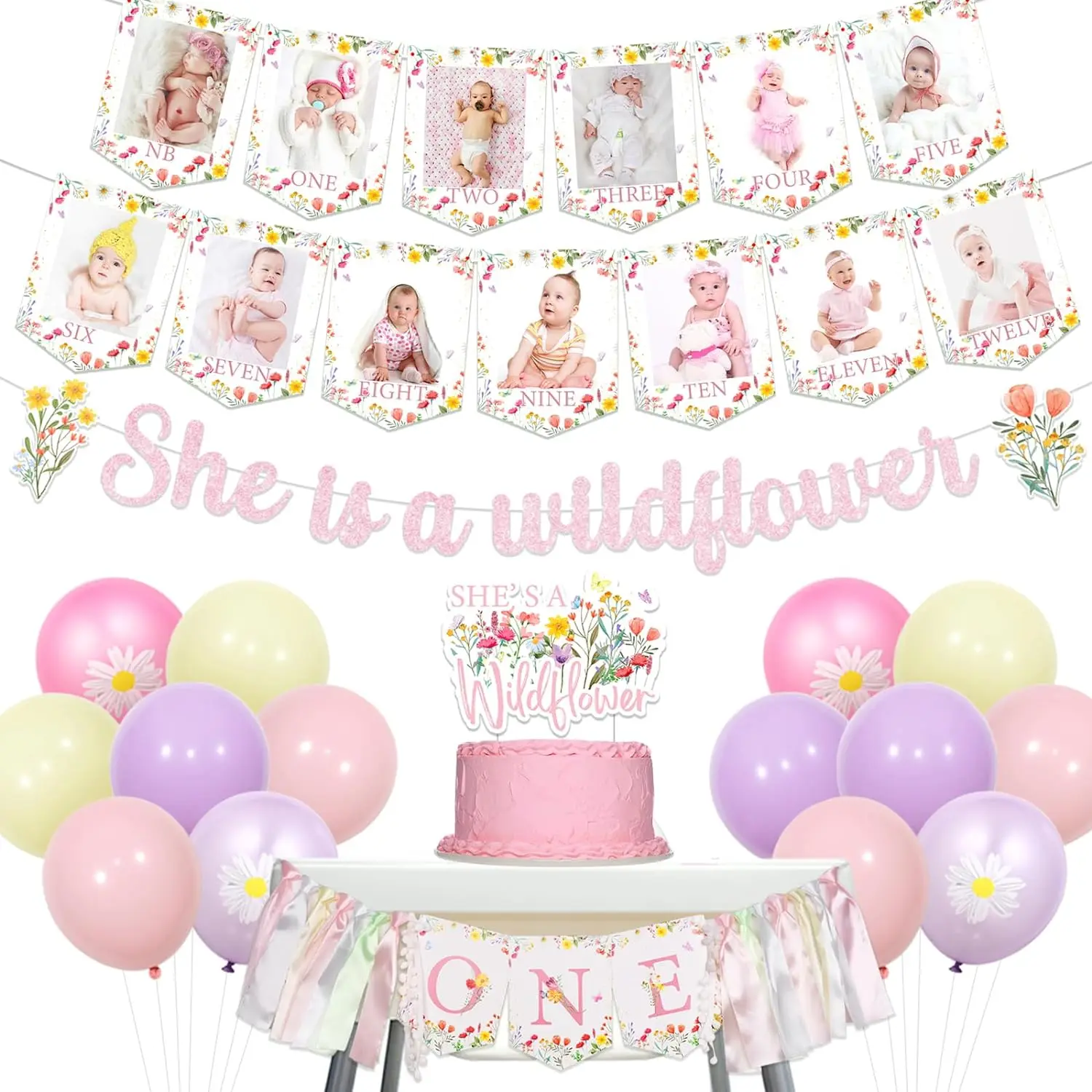 

First Birthday Decor She is A Wildflower Banner Cake Topper Floral Flower Photo Banner Balloons for Girls 1st Birthday Party