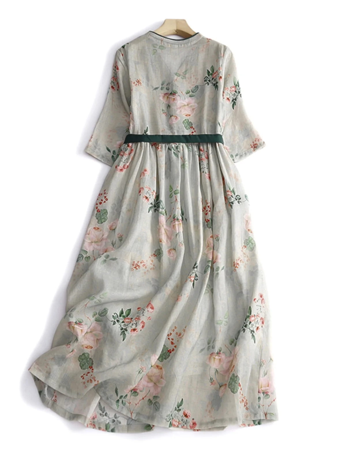 فستان صيفي طويل بدون أكمام من الكتان بنقشة زهور عتيقة، فضفاض ونحيف بياقة على شكل V وخصر ضيق وتنورة واسعة بخصر مرتفع