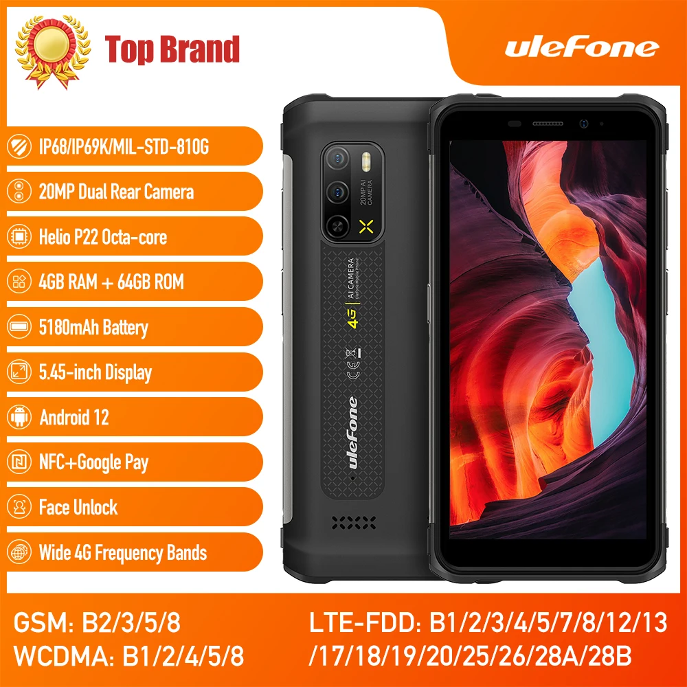 Ulefone-Armadura X10 Pro Smartphone Impermeável, Telefone Robusto, 64GB ROM, Telefone 5180mAh, 5.45 ", Android 12, NFC