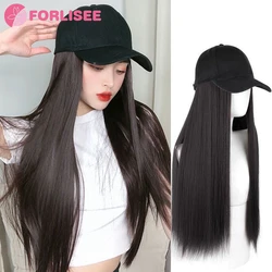 FORLISEE 26 Inch Long Straight Hair Synthetic Baseball Cap Hair Extension Hat Wig Black Brown Adjustable Women's Wig