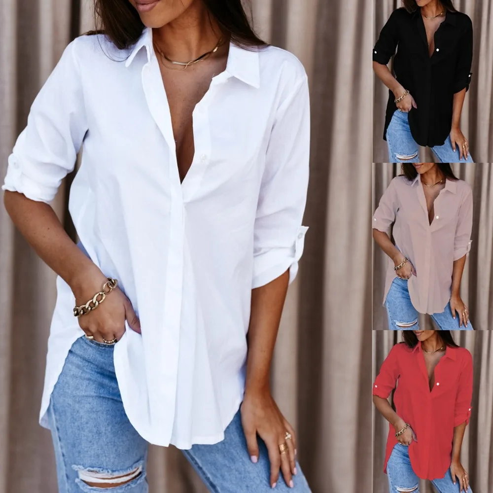 Women's Fashion Casual White Shirt Top 2023 Summer Plus Size Simple Long Sleeve V-Neck Button Loose Shirt Daily Street Wear