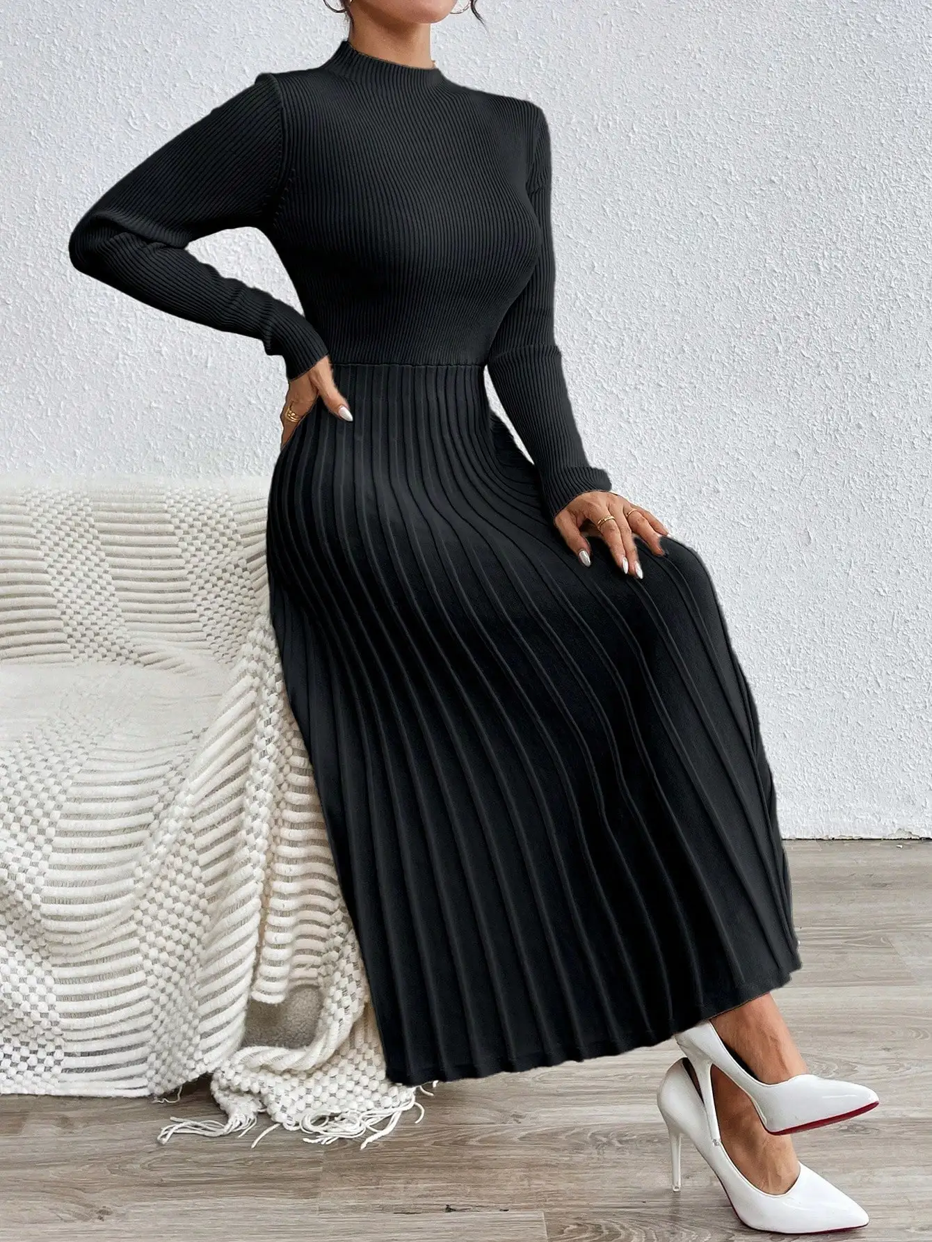 

Женское однотонное трикотажное платье RosyDaze с воротником-стойкой, длинными рукавами и плиссированным подолом, элегантное, осень/зима