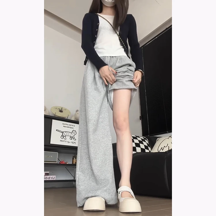 กางเกงลำลองทรงหลวมสไตล์สปอร์ตสำหรับผู้หญิง เอวยางยืดแบบผูกเชือก ดีไซน์เรียบง่าย แฟชั่นต้นฤดูใบไม้ร่วง กางเกงขายาวเอวสูง