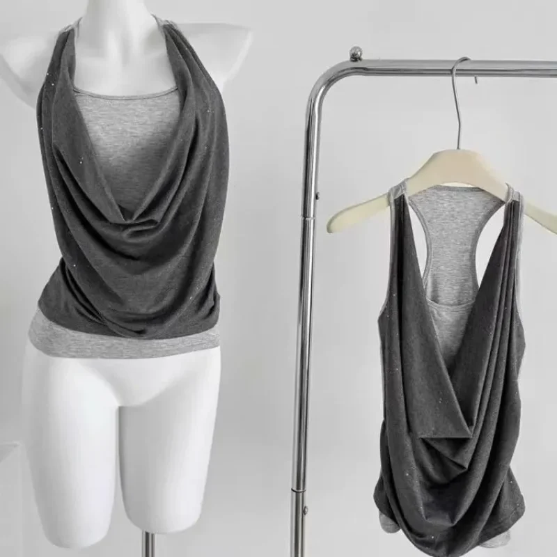 Women's 2-Piece Halter Neck Sparkle Draped Tank Top Set Casual Loose Layered Sleeveless Blouse
