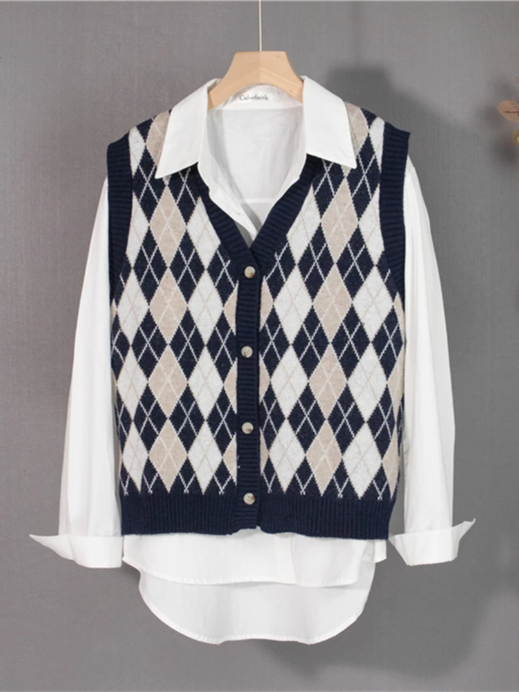 Colorfaith SWV1388JX 2023 New Sleeveless Checkered Waistcoat Women Autumn Winter Sweaters Vintage Korean Fashion Vest Lady Tops