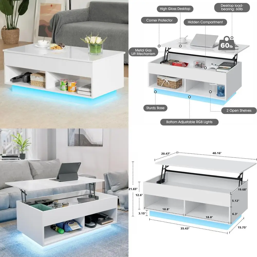 

40 LED Coffee Table with Storage for Living Room, Illuminated Top with 2 Shelves, Glossy Wooden Dining Table, Multipurpose Furni