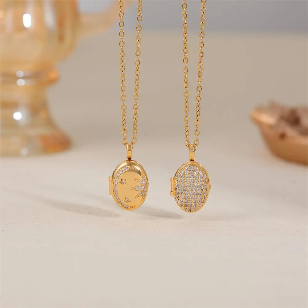 Elliptical Inlaid Zircon Photo Frame Album Pendant Necklace Openable Star Shiny Crystal Gold Color Metal Chain Choker Jewelry