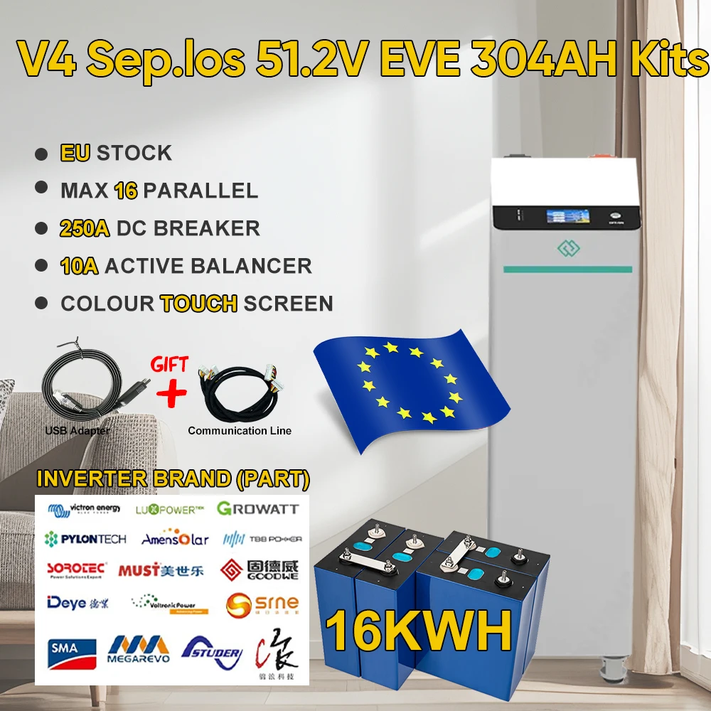 Poland Stock 15.5KWH V4 Seplos Lifepo4 Battery Kits EVE304 Grade A+ Battery With 10A Active Balancer Home Solar Free Shipping EU