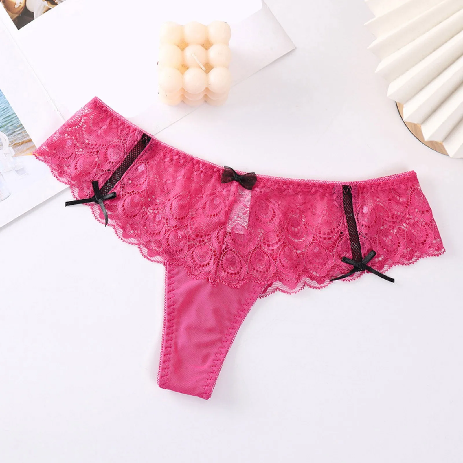 Women\'s Fashion Sexy Panties T Pants Lace Trim Bow Transparent Hollow Thong Panties plus Size Thongs