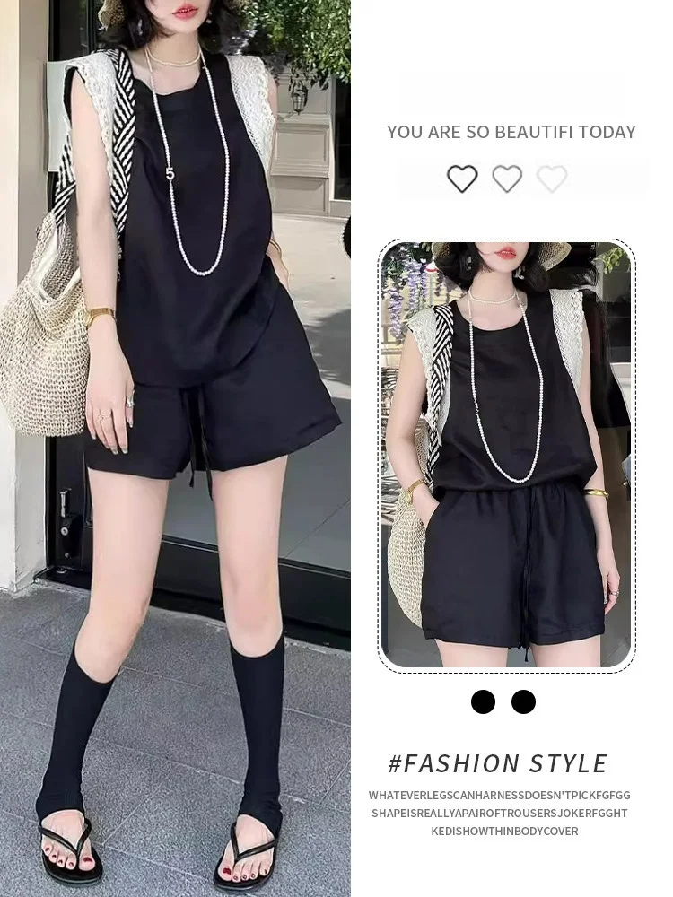

Summer Lace Linen Casual Sleeveless Top And Shorts Set Women's Fashion Compact Two-piece Ensemble Comfortable Loose Fit
