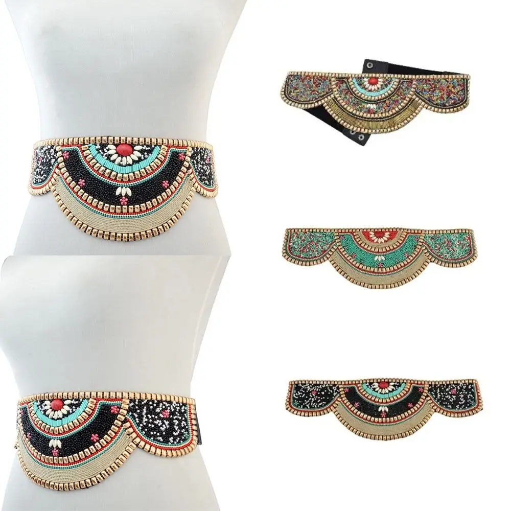 Adjustable Bohemian Women Belt Shining Stretch Elastic Waistband Bohemian Ethnic Beaded Waistband Body Jewelry for Holiday